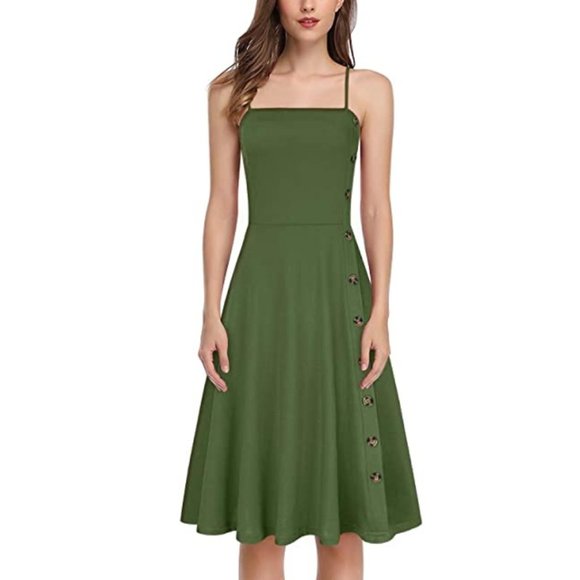 Dresses & Skirts - NWT Olive Green Button Accent Midi Flare Tea Dress